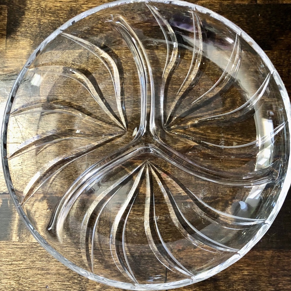 MCM Clear Pressed Glass Relish Dish 3-sections Serving Swirl Pinwheel